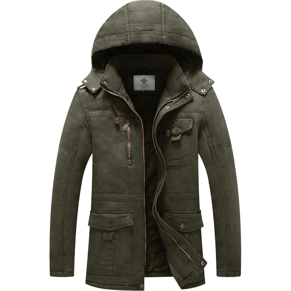 imageWenVen Mens Winter Jacket Sherpa Lining Wool Trench Coat Casual Warm Parka Coat With Detachable HoodArmy Green