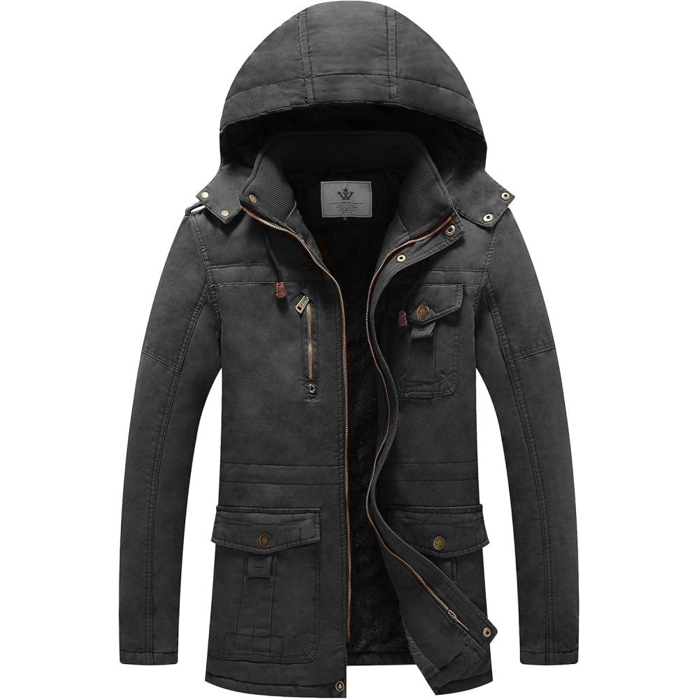 imageWenVen Mens Winter Jacket Sherpa Lining Wool Trench Coat Casual Warm Parka Coat With Detachable HoodDark Grey