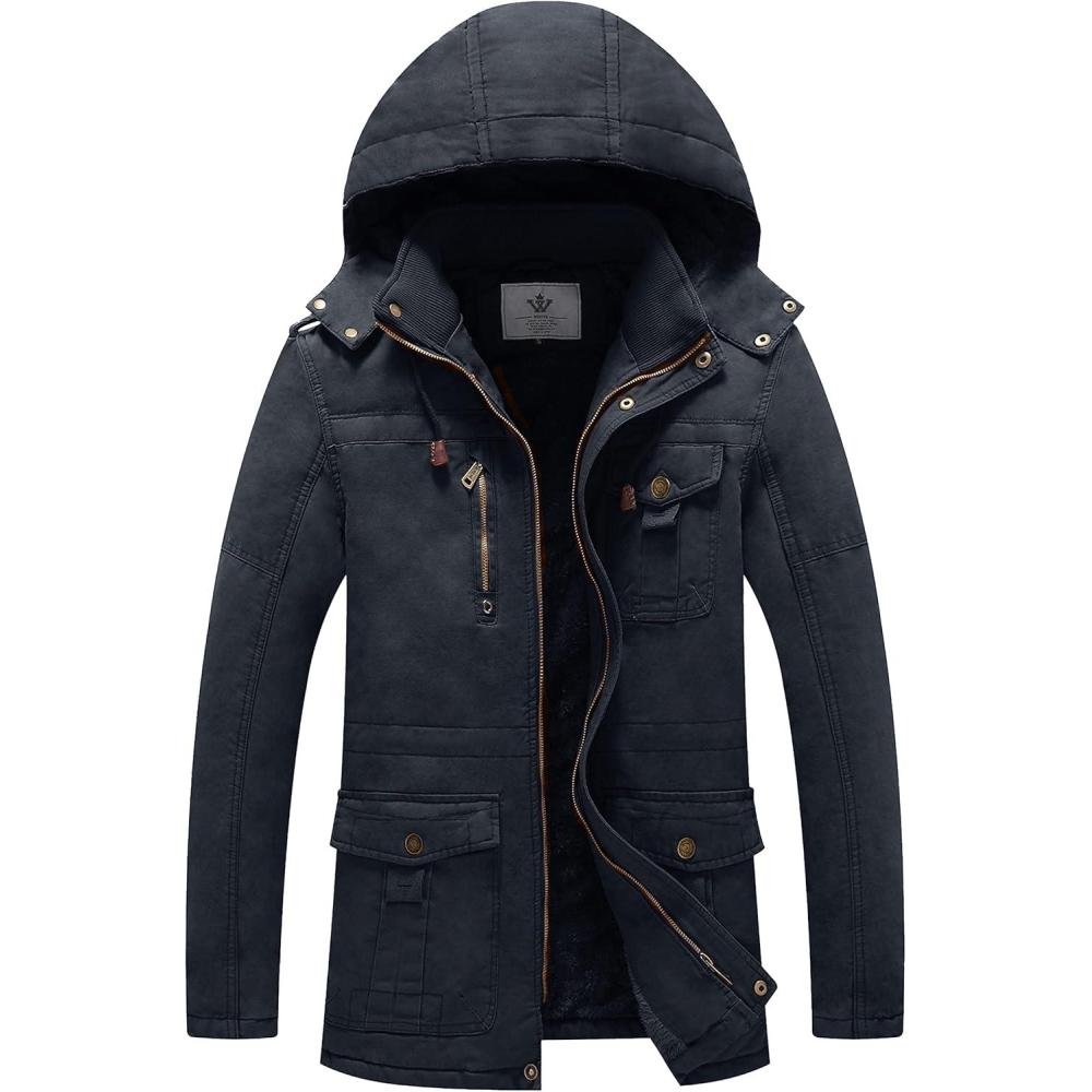 imageWenVen Mens Winter Jacket Sherpa Lining Wool Trench Coat Casual Warm Parka Coat With Detachable HoodNavy