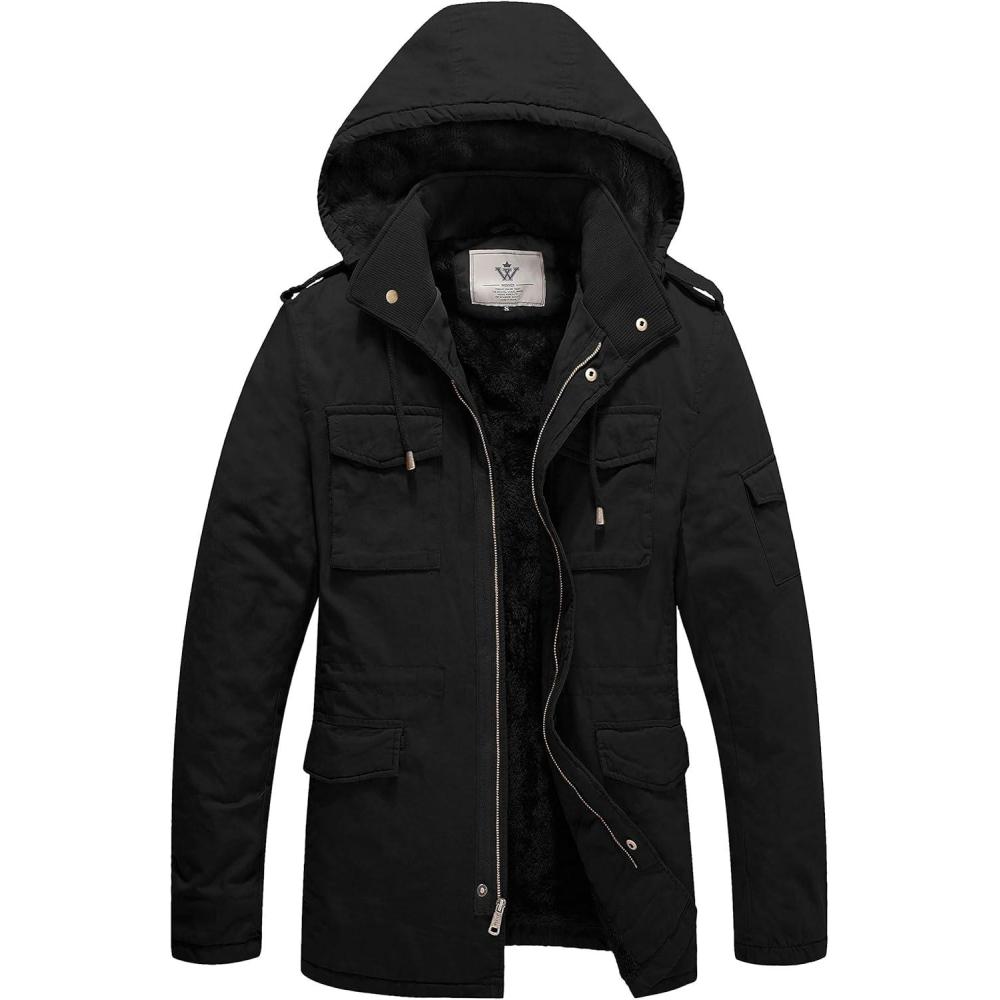 imageWenVen Mens Winter Military Thicken Parka Jacket Warm Coat with Removable HoodBlack