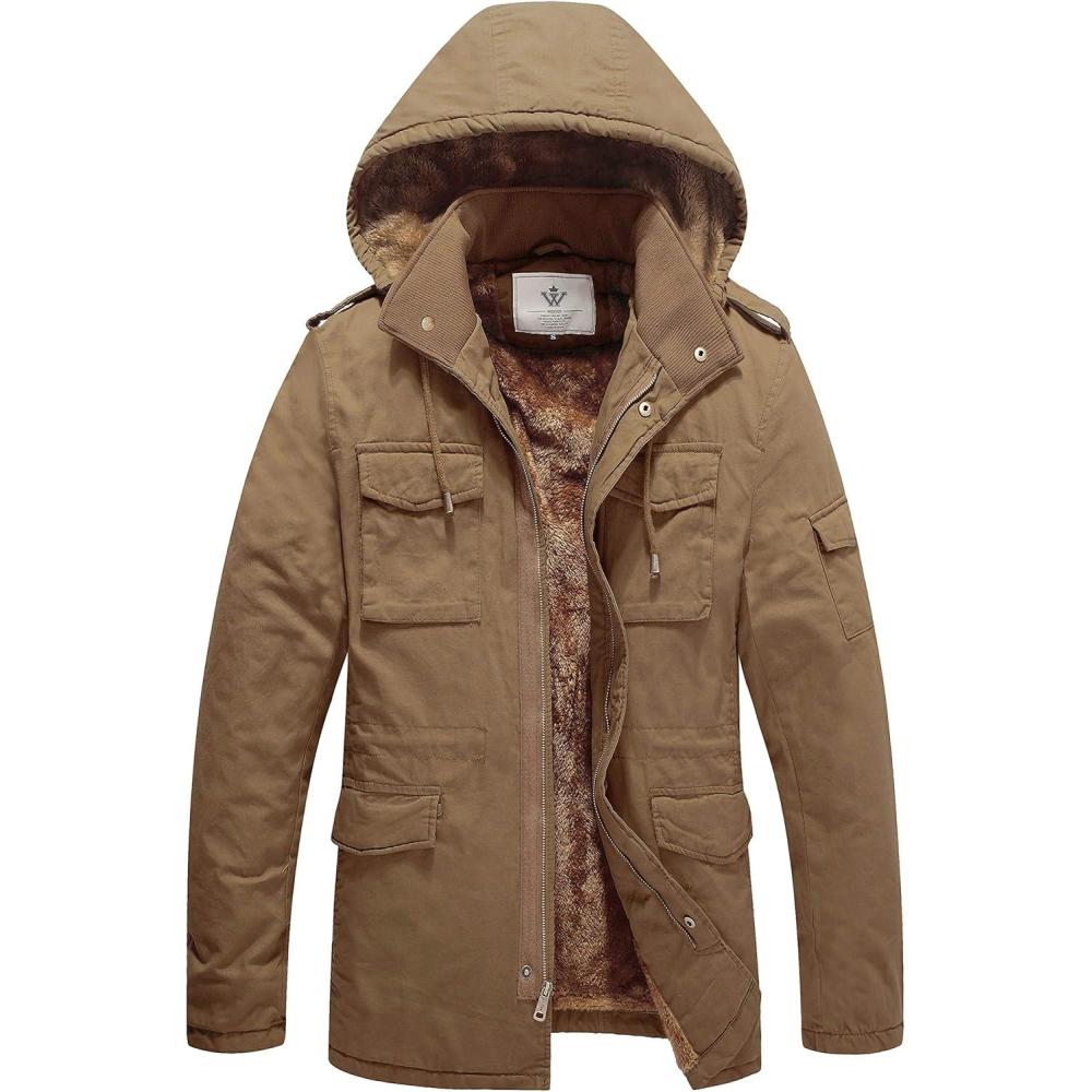 imageWenVen Mens Winter Military Thicken Parka Jacket Warm Coat with Removable HoodKhaki