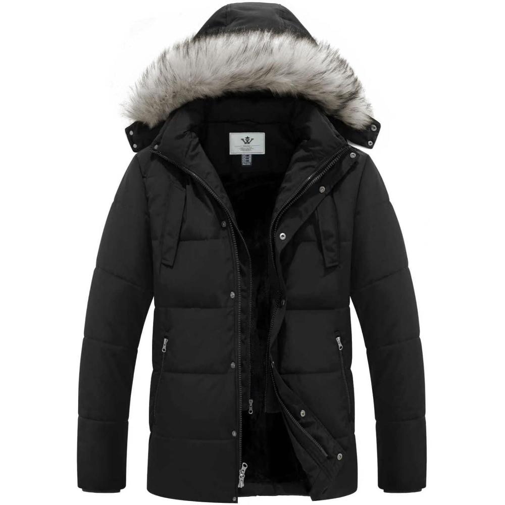imageWenVen Mens Winter Puffer Coat Thicken Winter Warm Padded Jacket with HoodBlack