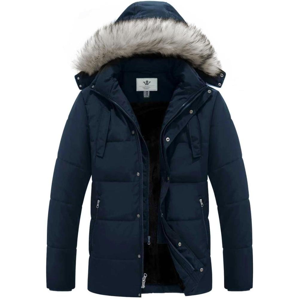 imageWenVen Mens Winter Puffer Coat Thicken Winter Warm Padded Jacket with HoodNavy