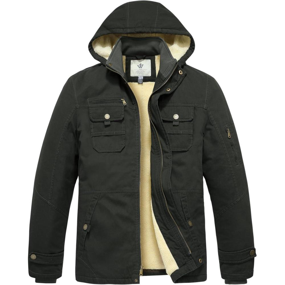 imageWenVen Mens Winter Sherpa Parka Mid Length Thicken Military Style Warm Jacket with Removable HoodArmy Green