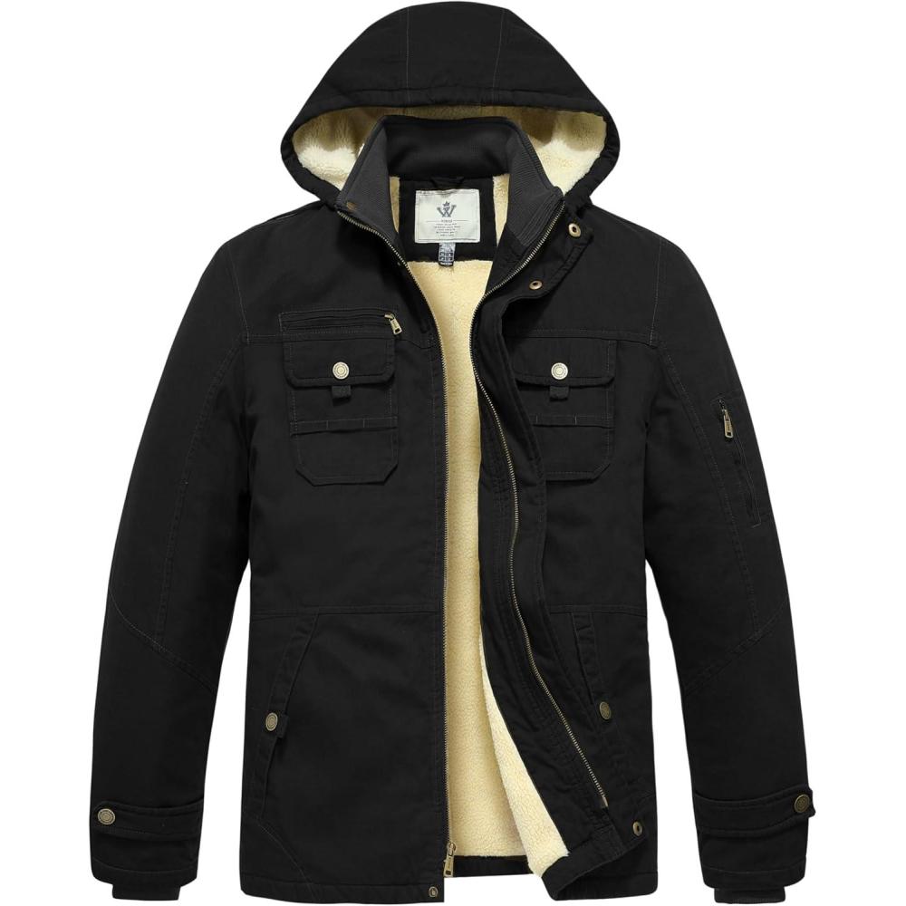 imageWenVen Mens Winter Sherpa Parka Mid Length Thicken Military Style Warm Jacket with Removable HoodBlack