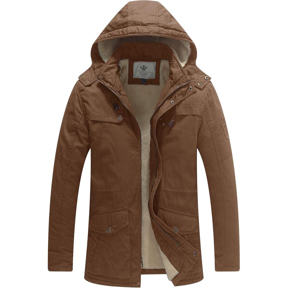 imageWenVen Mens Winter Sherpa Parka Mid Length Thicken Military Style Warm Jacket with Removable HoodKhaki