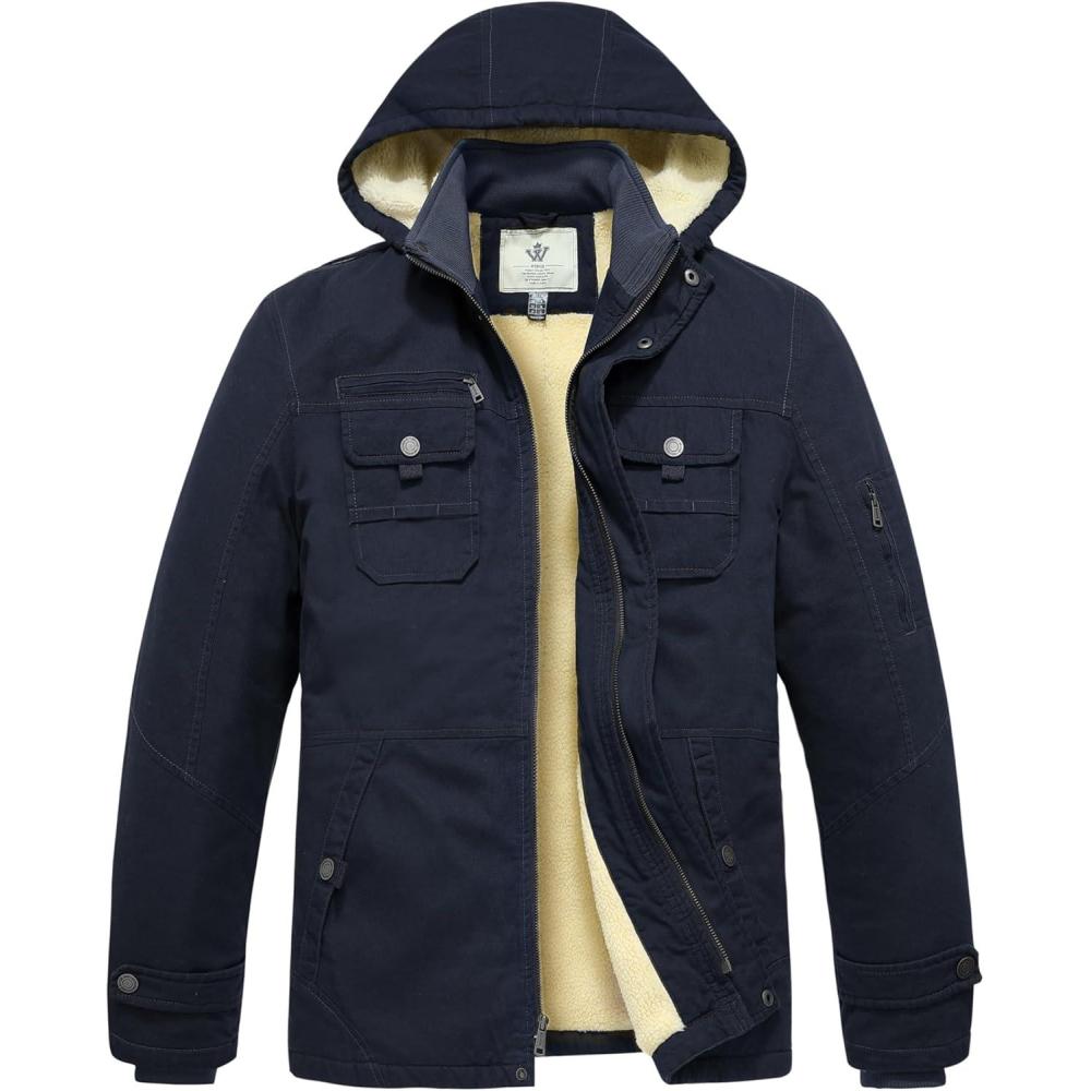 imageWenVen Mens Winter Sherpa Parka Mid Length Thicken Military Style Warm Jacket with Removable HoodNavy