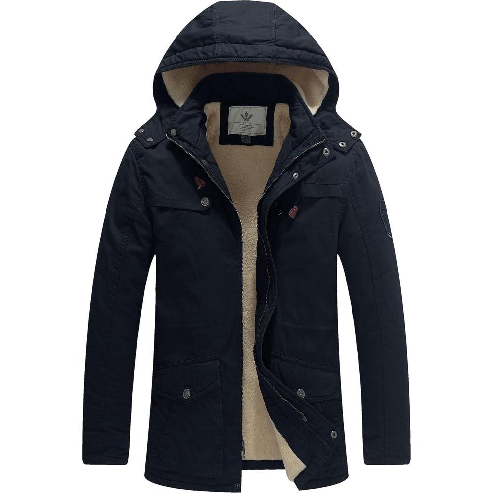 imageWenVen Mens Winter Sherpa Parka Mid Length Thicken Military Style Warm Jacket with Removable HoodNavy Blue