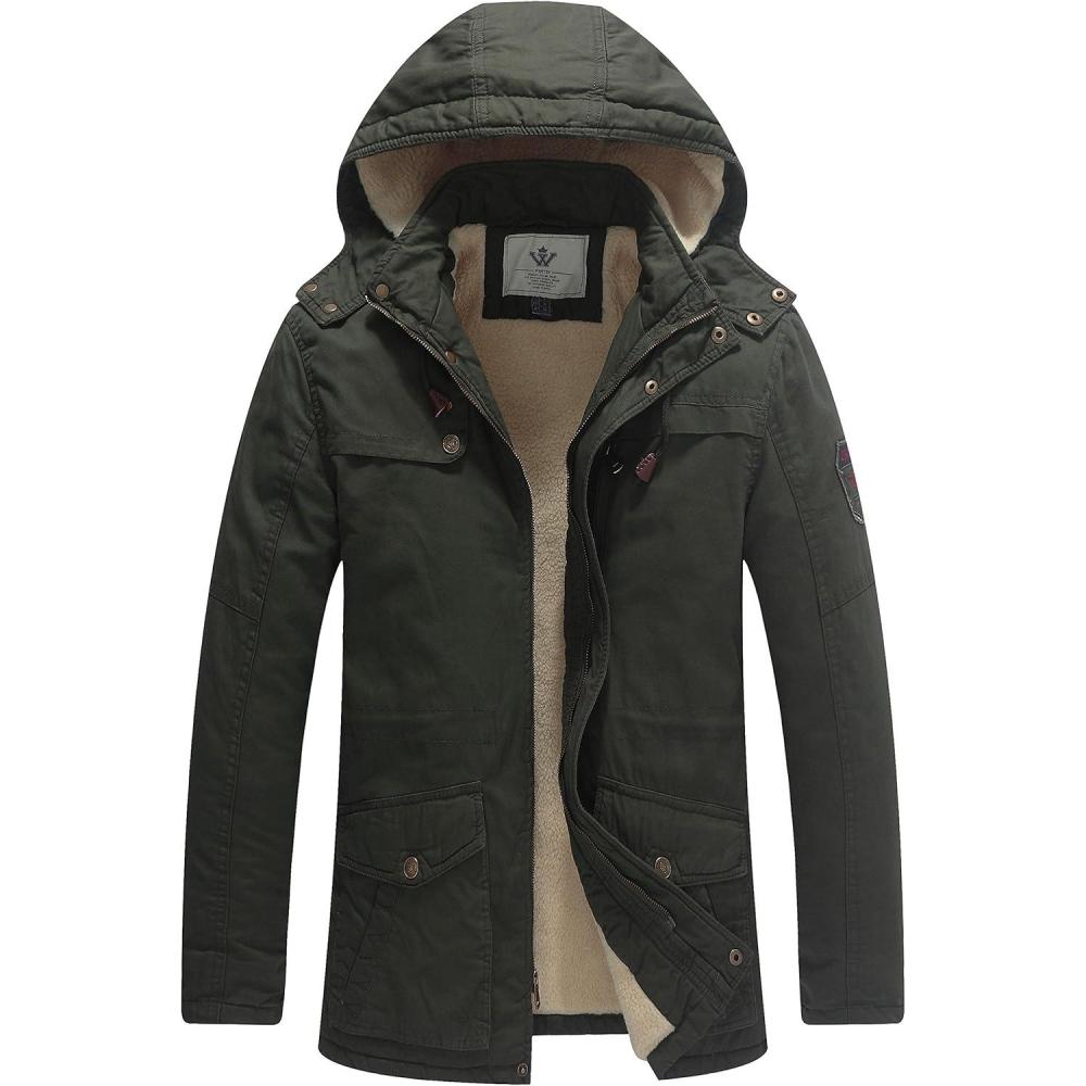 imageWenVen Mens Winter Sherpa Parka Mid Length Thicken Military Style Warm Jacket with Removable HoodOlive