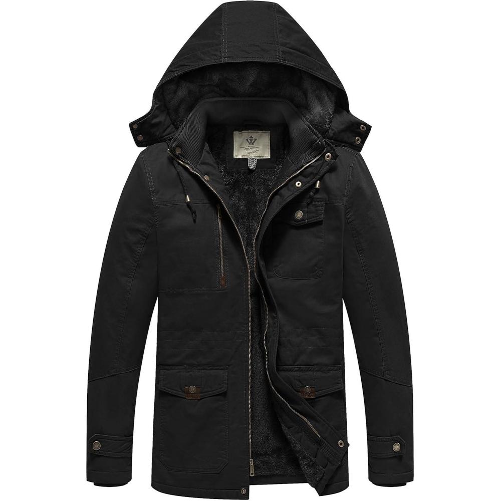 imageWenVen Mens Winter Thicken Cotton Parka Jacket Warm Coat with Removable HoodBlack