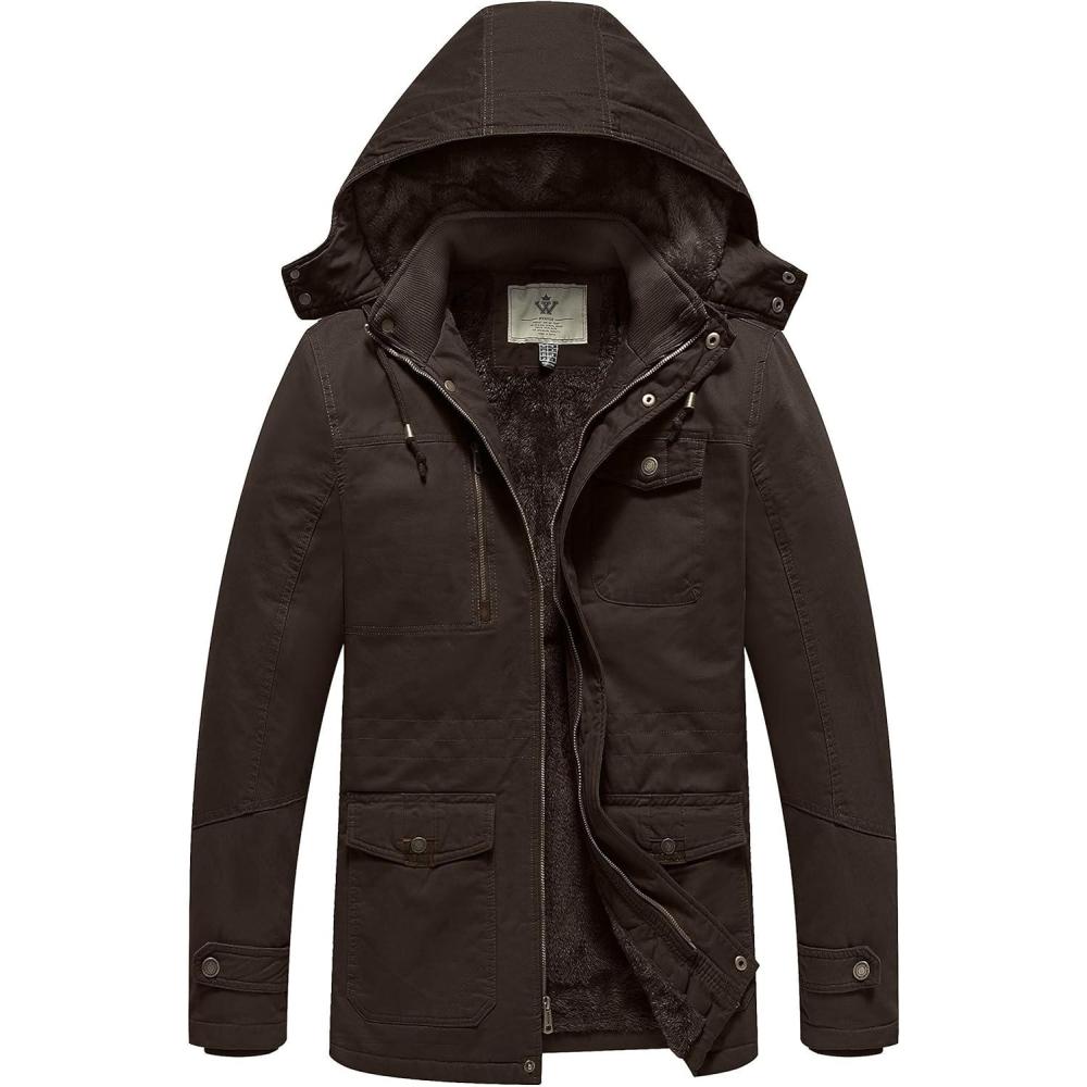 imageWenVen Mens Winter Thicken Cotton Parka Jacket Warm Coat with Removable HoodBrown