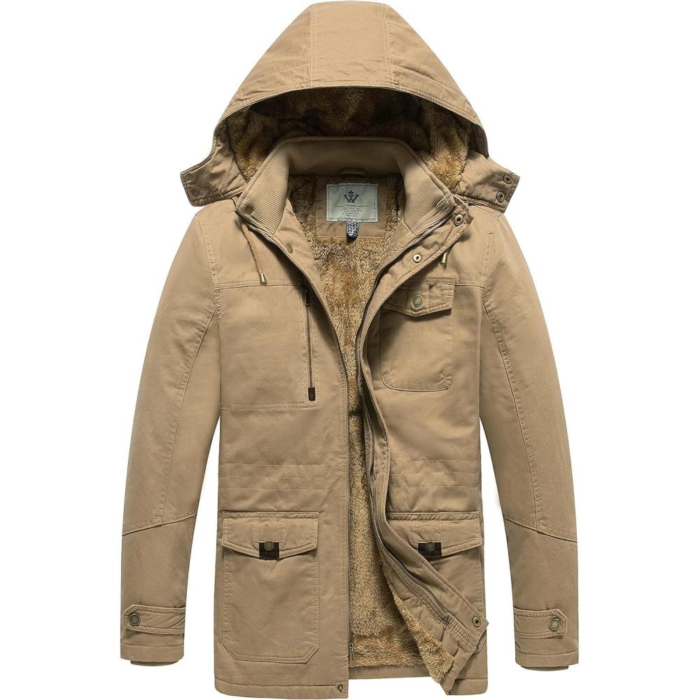 imageWenVen Mens Winter Thicken Cotton Parka Jacket Warm Coat with Removable HoodKhaki