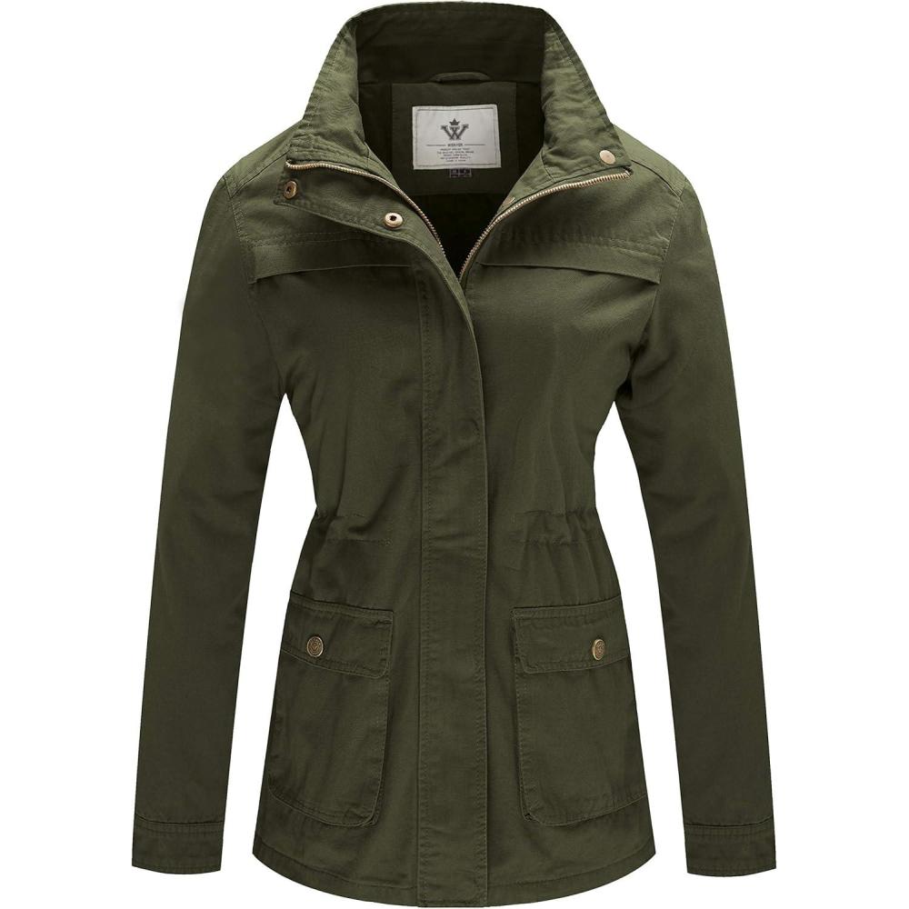 imageWenVen Womens Casual Military Jacket Cotton Stand Collar Utility Anorak CoatArmy Green