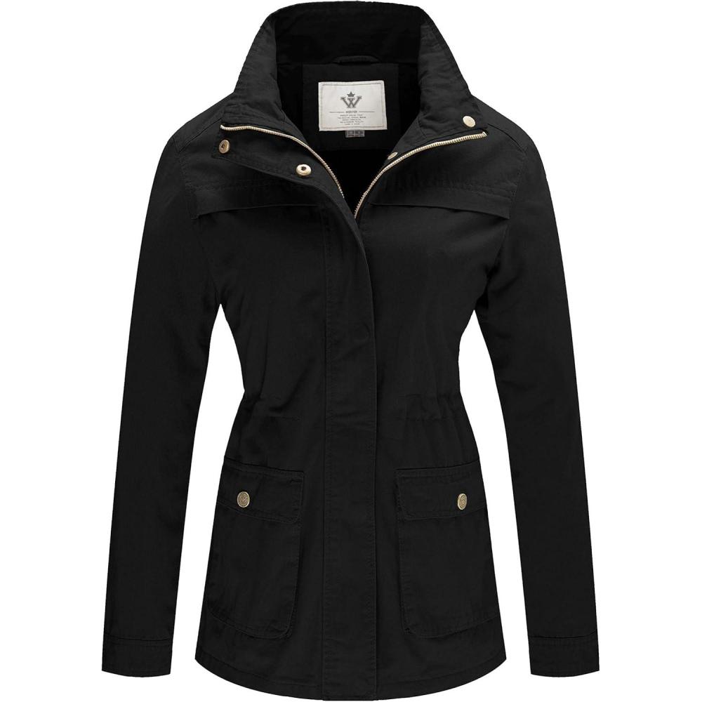 imageWenVen Womens Casual Military Jacket Cotton Stand Collar Utility Anorak CoatBlack