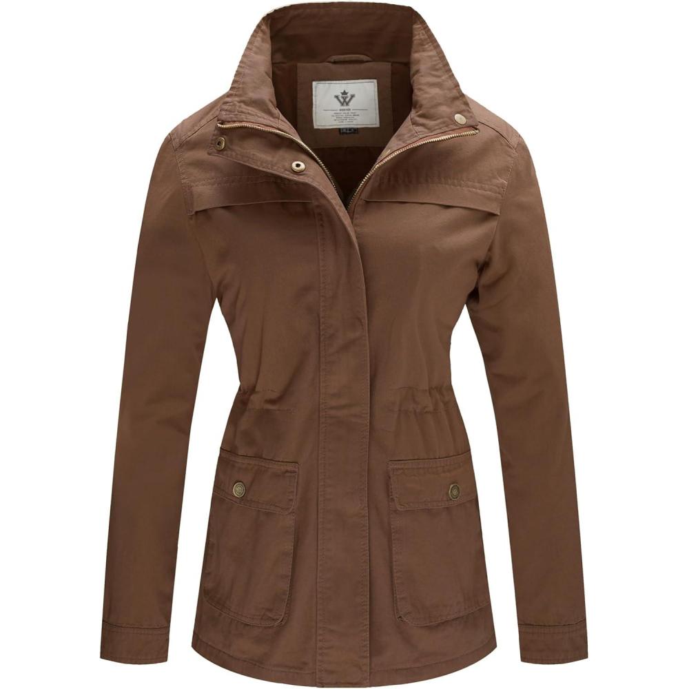 imageWenVen Womens Casual Military Jacket Cotton Stand Collar Utility Anorak CoatCoffee