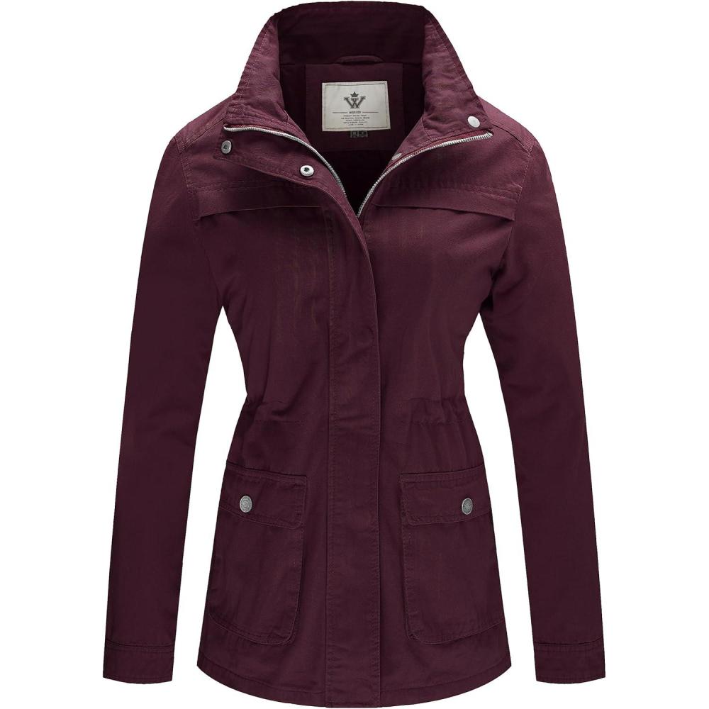 imageWenVen Womens Casual Military Jacket Cotton Stand Collar Utility Anorak CoatDeep Wine