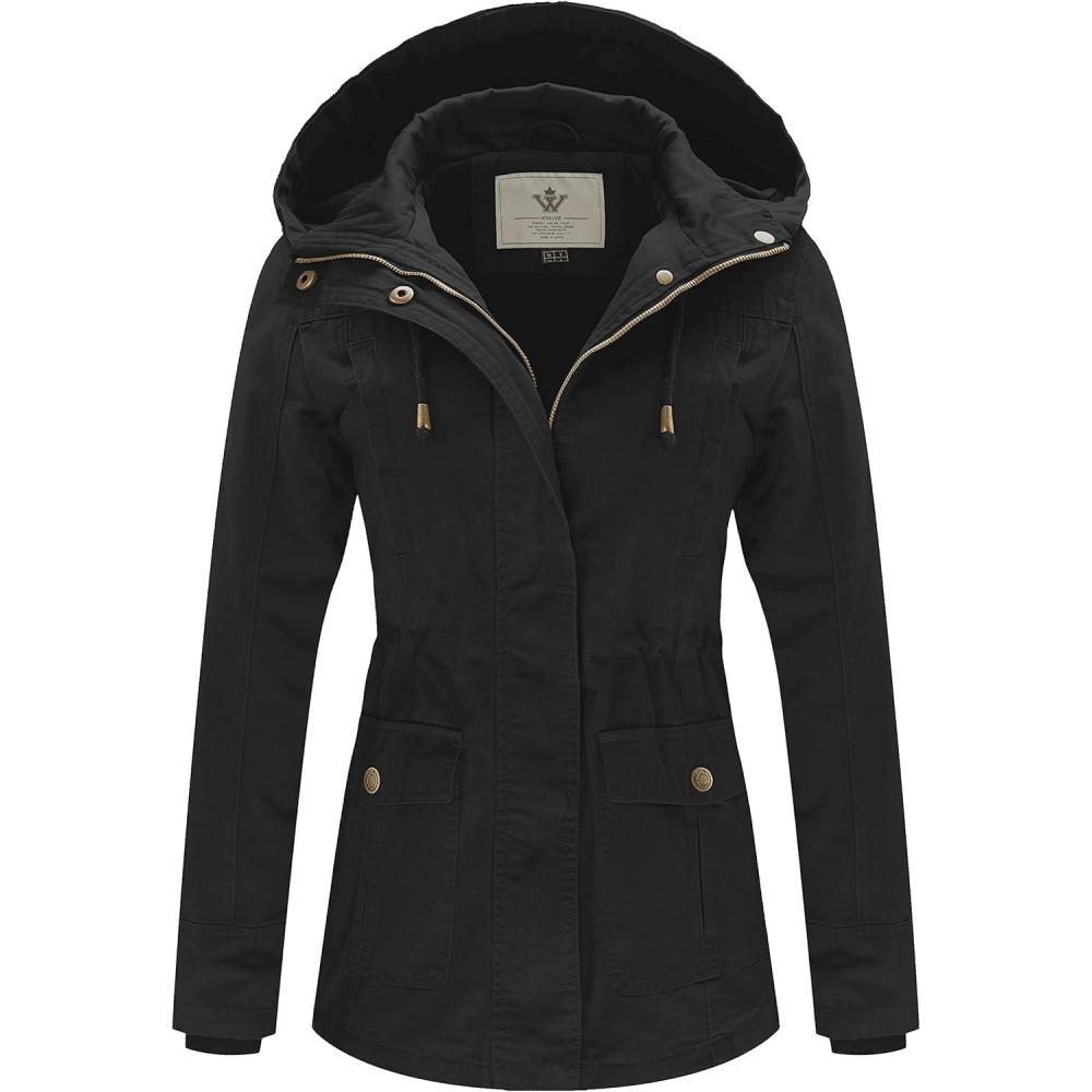 imageWenVen Womens Cotton Military Jacket Lightweight Casual Anorak Coat with HoodBlack