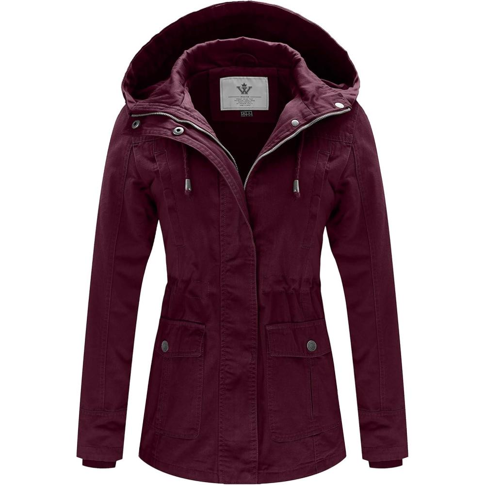 imageWenVen Womens Cotton Military Jacket Lightweight Casual Anorak Coat with HoodDeep Wine