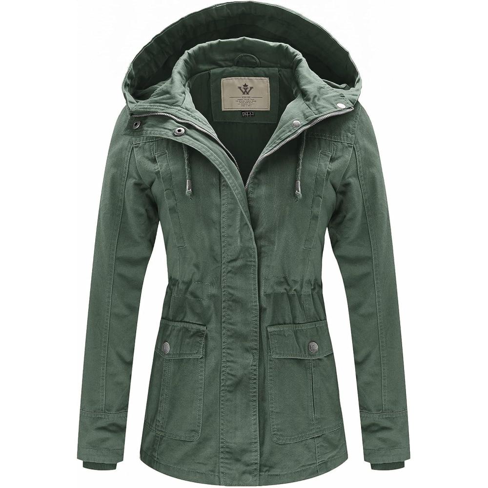 imageWenVen Womens Cotton Military Jacket Lightweight Casual Anorak Coat with HoodGreen