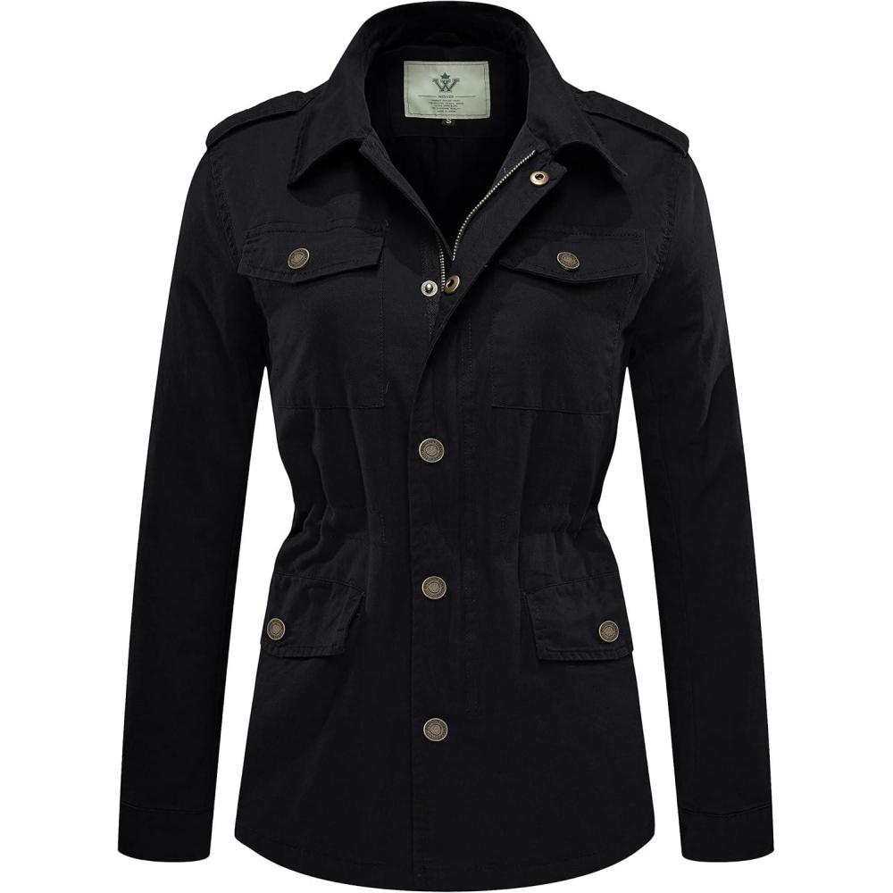 imageWenVen Womens Lightweight Canvas Cotton Military Jacket Utility Lapel AnorakBlack