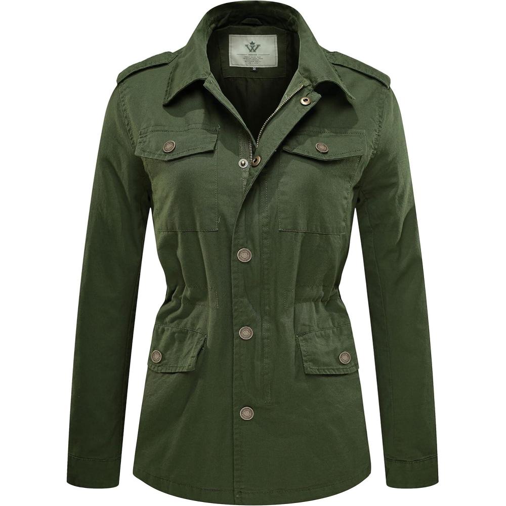 imageWenVen Womens Lightweight Canvas Cotton Military Jacket Utility Lapel AnorakGreen