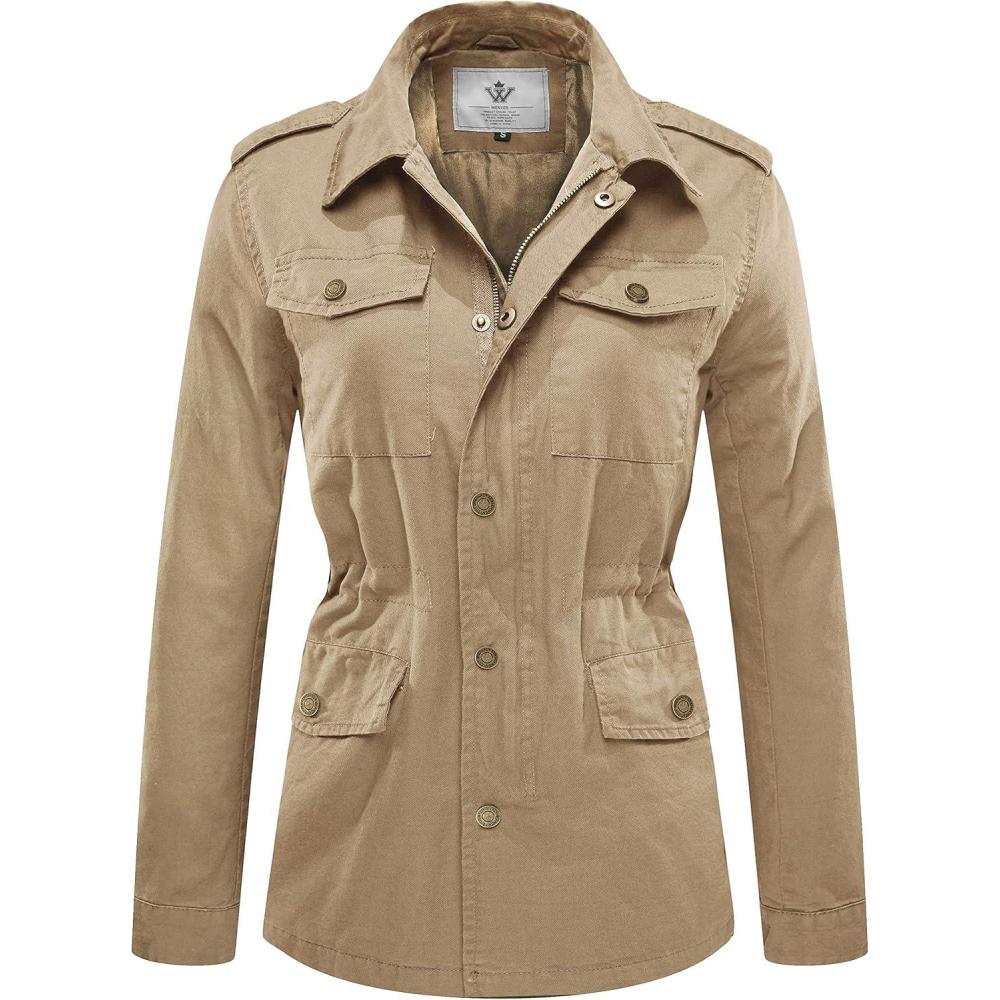 imageWenVen Womens Lightweight Canvas Cotton Military Jacket Utility Lapel AnorakKhaki