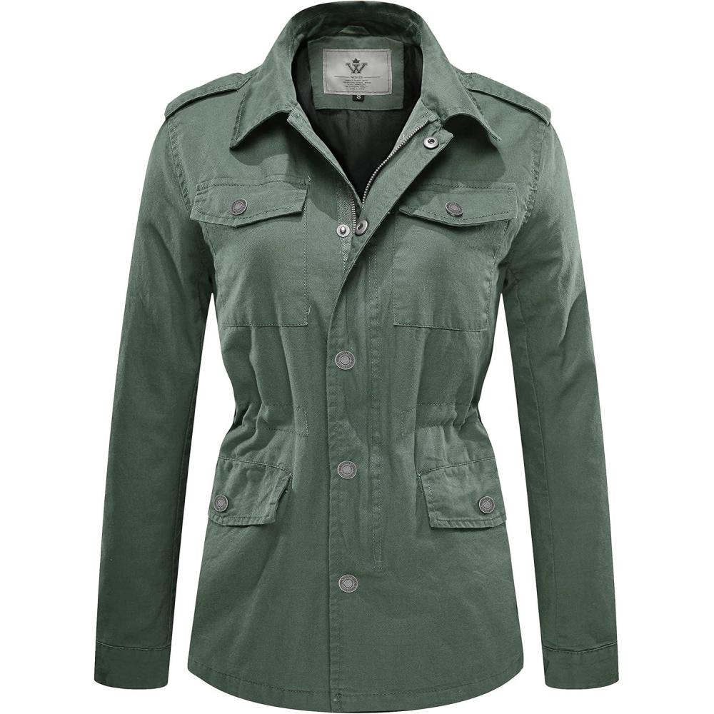 imageWenVen Womens Lightweight Canvas Cotton Military Jacket Utility Lapel AnorakLight Olive