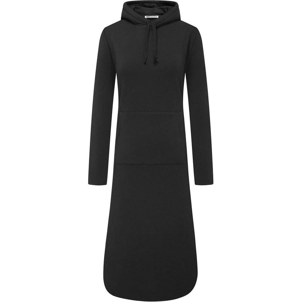 imageWenVen Womens Long Hoodie Dress Thicken Fleece Lined Pullover SweatshirtDark Black