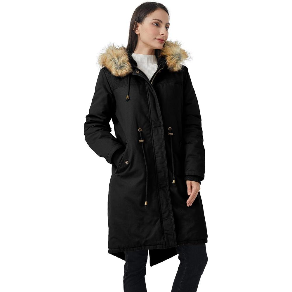 imageWenVen Womens Winter Long Hooded Sherpa Lined Parka Jacket Warm CoatBlack