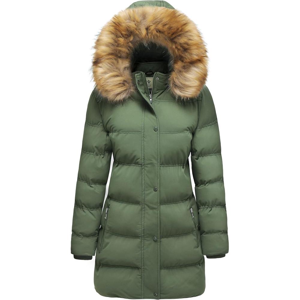 imageWenVen Womens Winter Long Puffer Coat Parka Jacket with Faux Fur Removable HoodArmy Green