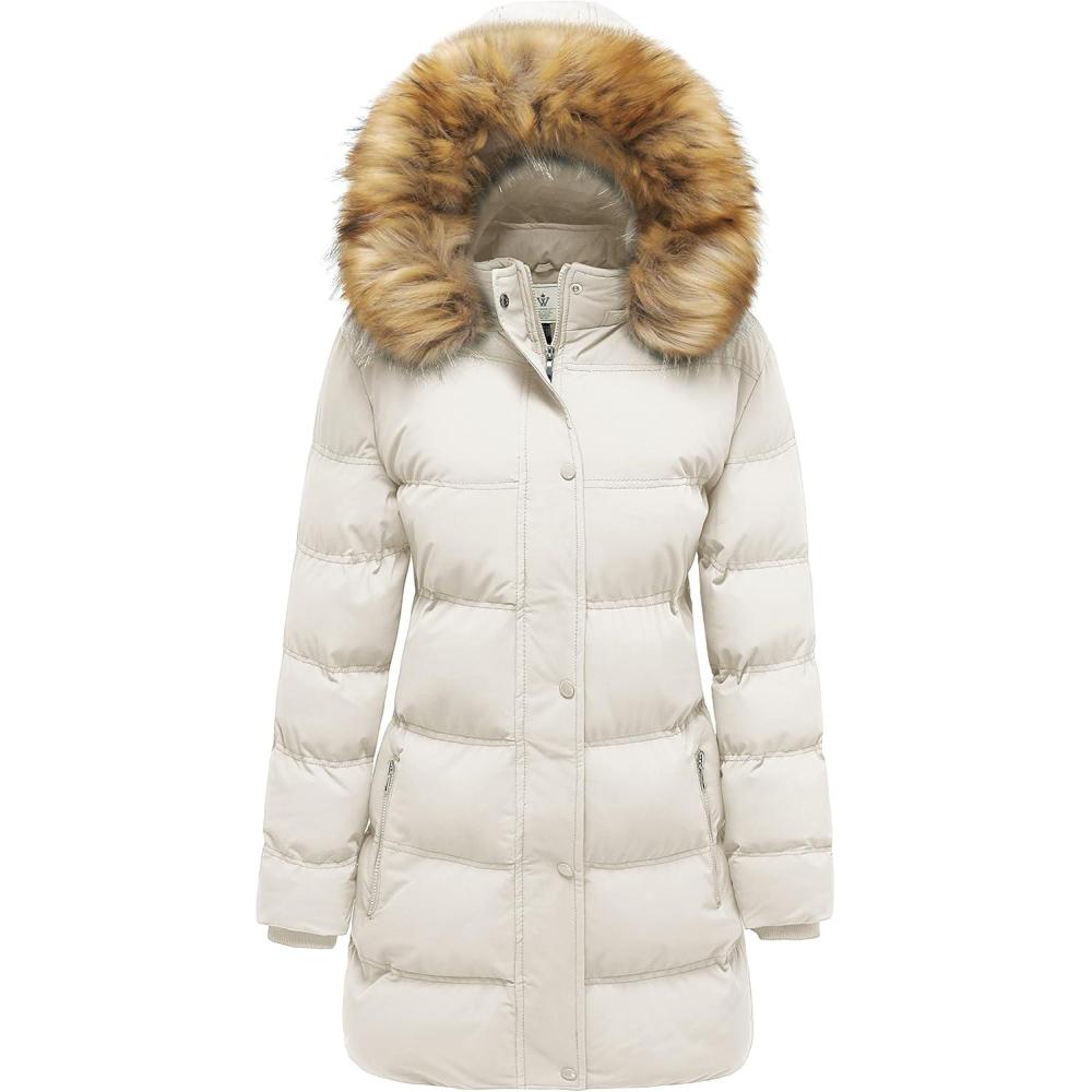 imageWenVen Womens Winter Long Puffer Coat Parka Jacket with Faux Fur Removable HoodBeige