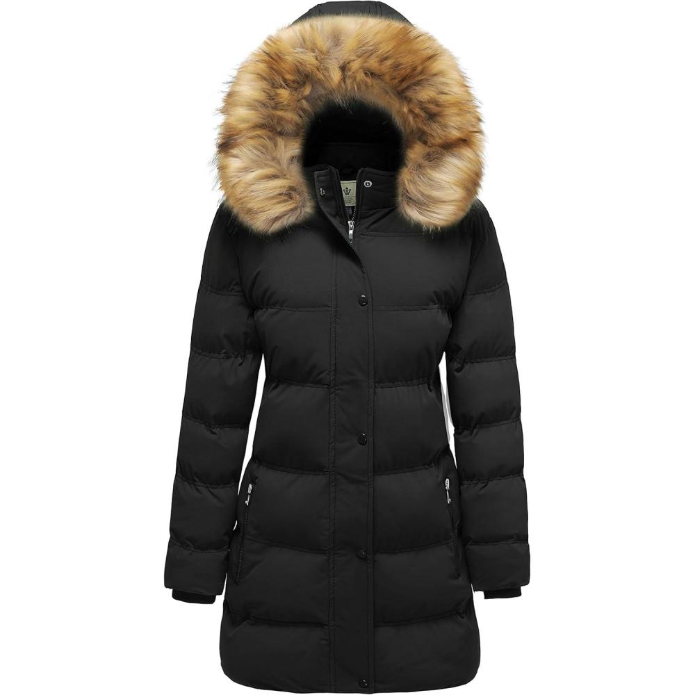 imageWenVen Womens Winter Long Puffer Coat Parka Jacket with Faux Fur Removable HoodBlack