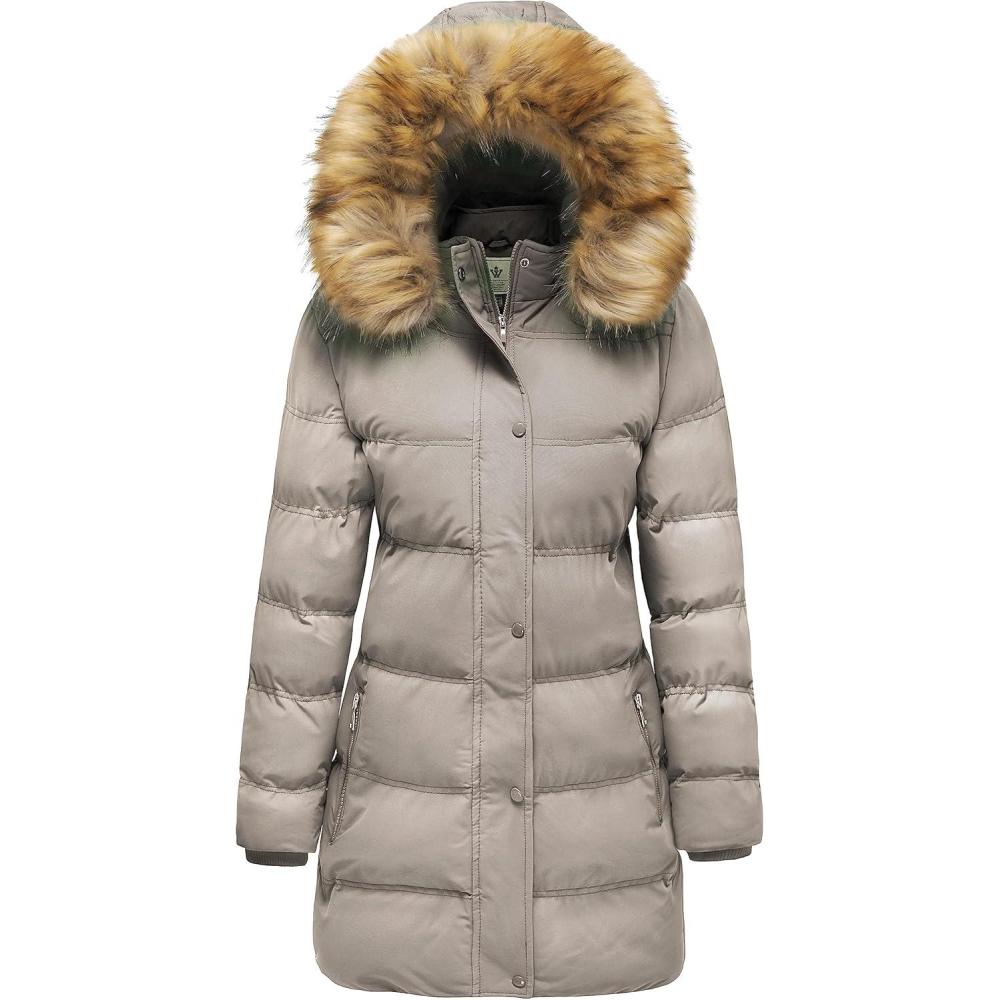 imageWenVen Womens Winter Long Puffer Coat Parka Jacket with Faux Fur Removable HoodKhaki