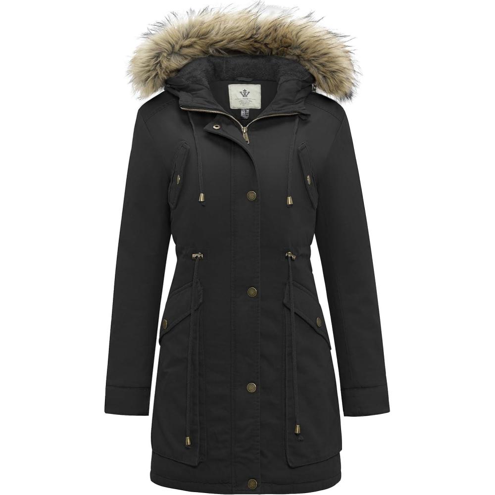 imageWenVen Womens Winter Thicken Fleece Jacket Fur Hooded Military Parka CoatDark Black