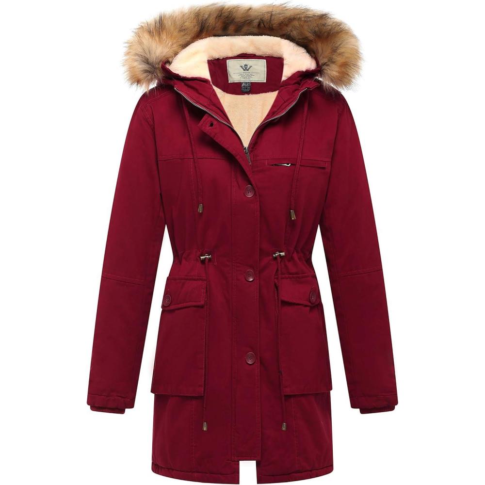 imageWenVen Womens Winter Thicken Fleece Jacket Fur Hooded Military Parka CoatRed