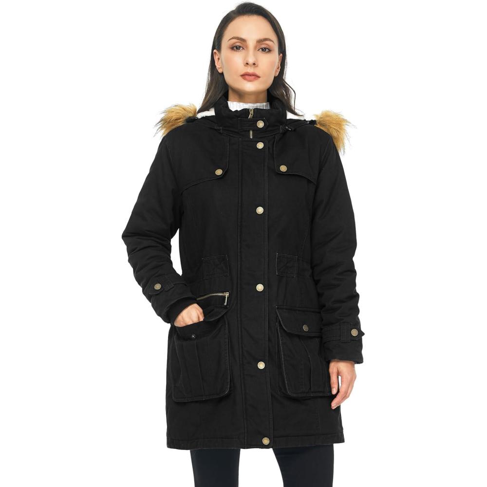 imageWenVen Womens Winter Warm Military Parka Jacket with Detachable Faux fur HoodBlack