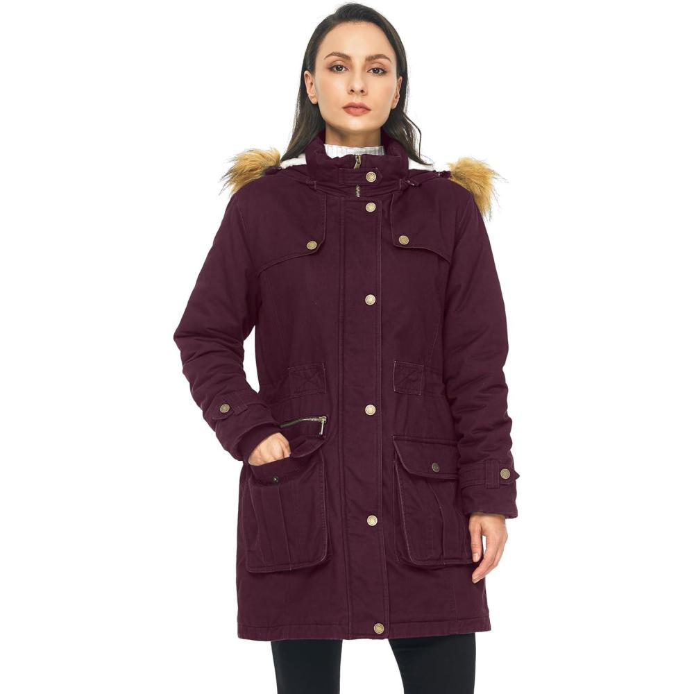 imageWenVen Womens Winter Warm Military Parka Jacket with Detachable Faux fur HoodDeep Wine