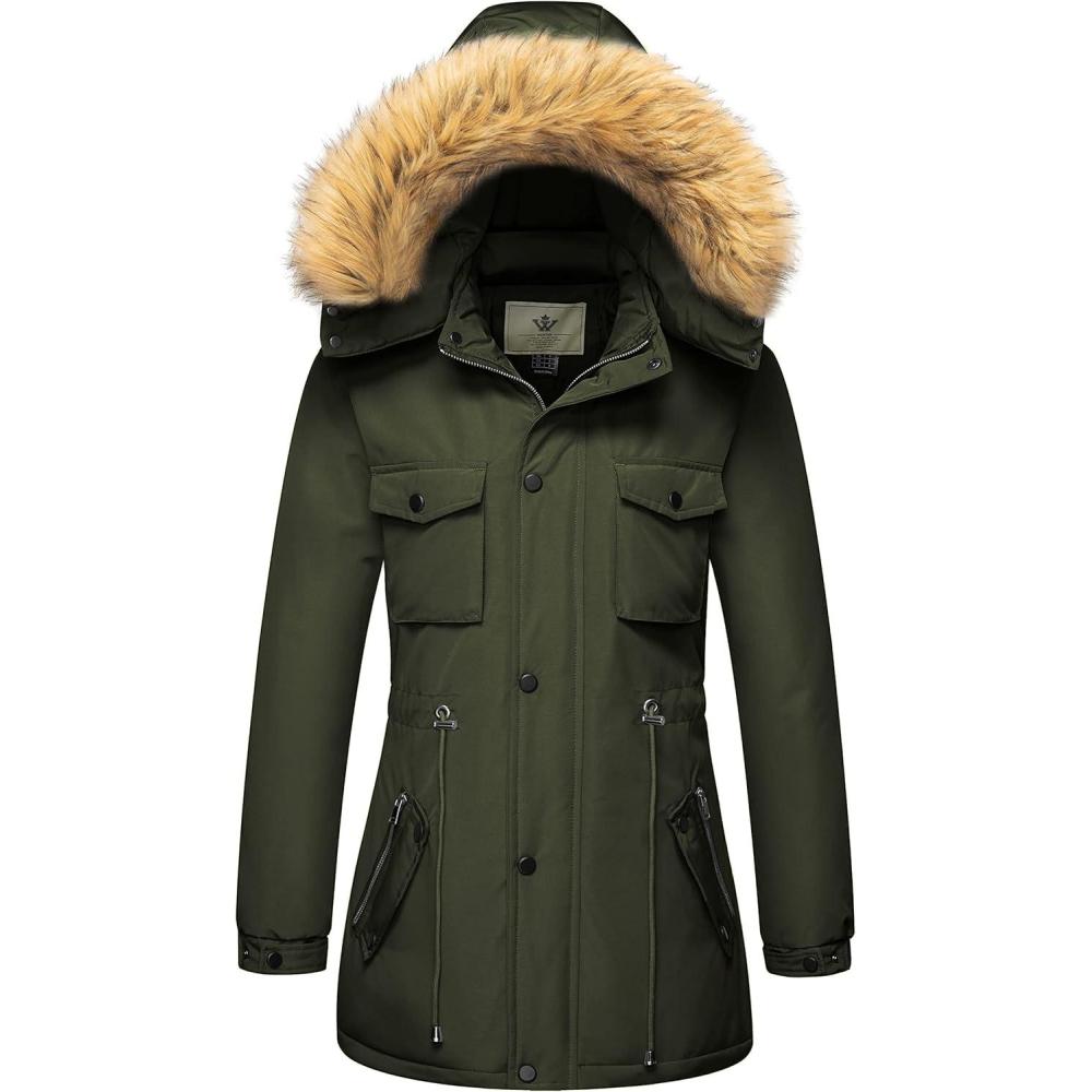 imageWenVen Womens Winter Waterproof Warm Parka Jacket with Detachable Fur HoodArmy Green