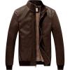 WenVen Men’s Stand Collar Fleece Lined Bomber Faux Leather Jacket(Brown)