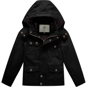 WenVen Boy’s Lightweight Casual Cotton Military Jacket Outerwear with Hood(Black)