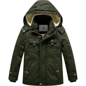 WenVen Boy’s Winter Sherpa Jacket Heavy Twill Cotton Military Coat with Hood(Army Green)