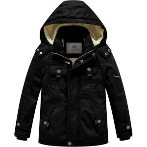 WenVen Boy’s Winter Sherpa Jacket Heavy Twill Cotton Military Coat with Hood(Black)