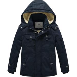 WenVen Boy’s Winter Sherpa Jacket Heavy Twill Cotton Military Coat with Hood(Blue)