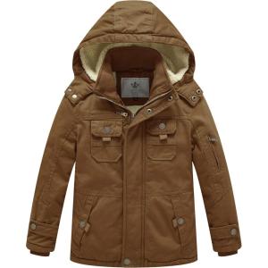 WenVen Boy’s Winter Sherpa Jacket Heavy Twill Cotton Military Coat with Hood(Brown)