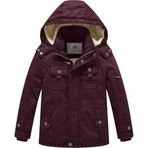 WenVen Boy’s Winter Sherpa Jacket Heavy Twill Cotton Military Coat with Hood(Deep Wine)