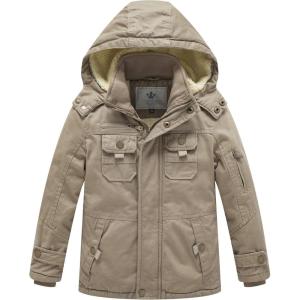 WenVen Boy’s Winter Sherpa Jacket Heavy Twill Cotton Military Coat with Hood(Khaki)