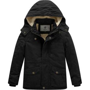 WenVen Boy’s Winter Thicken Cotton Coat Heavy Sherpa Lined Hooded Parka Jacket(Black)