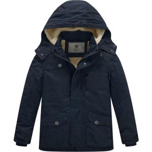 WenVen Boy’s Winter Thicken Cotton Coat Heavy Sherpa Lined Hooded Parka Jacket(Blue)