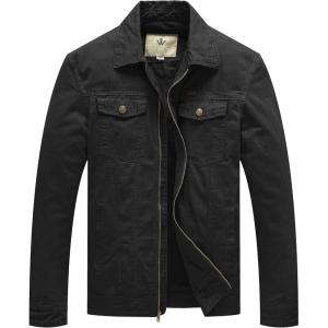 WenVen Men’s Casual Canvas Cotton Jacket Lightweight Military Utility Jacket(B-black)