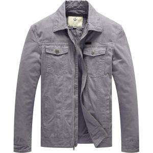WenVen Men’s Casual Canvas Cotton Jacket Lightweight Military Utility Jacket(Light Grey)